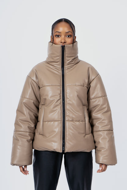 FAUX LEATHER PUFFER JACKET - TAUPE