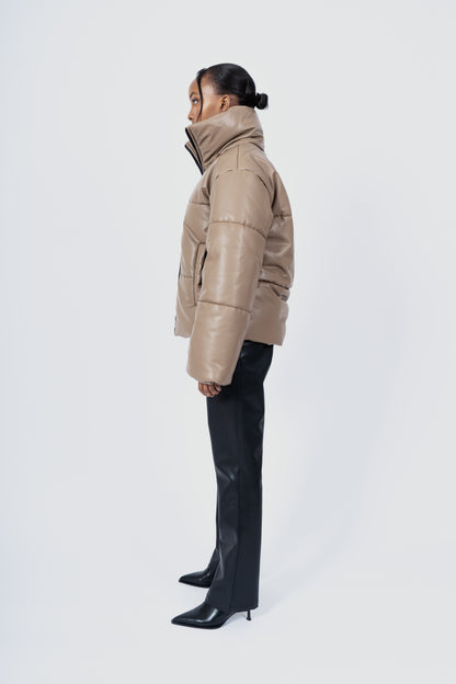 FAUX LEATHER PUFFER JACKET - TAUPE